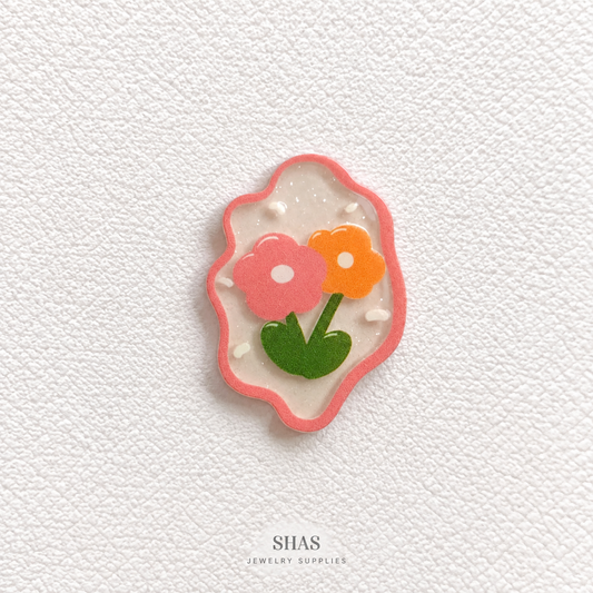 AB118D Pink Flowers Acrylic Cabochon ( 1 pc )