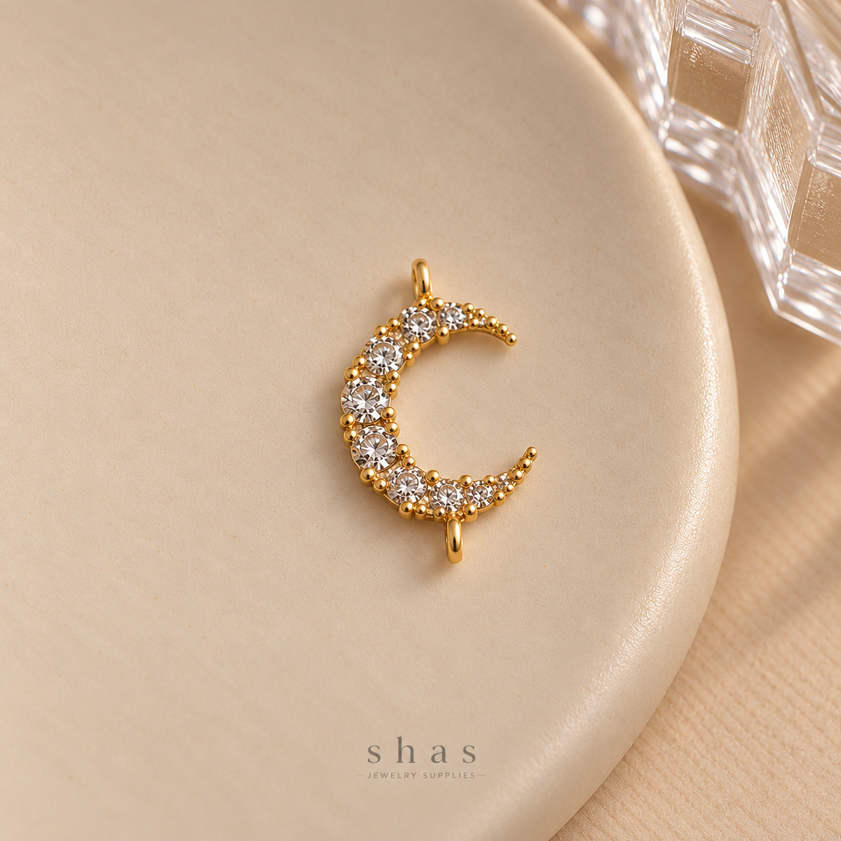 GPC24G Moon Zircon Connector Charm 14k Gold ( 1 pc ) Premium Plated