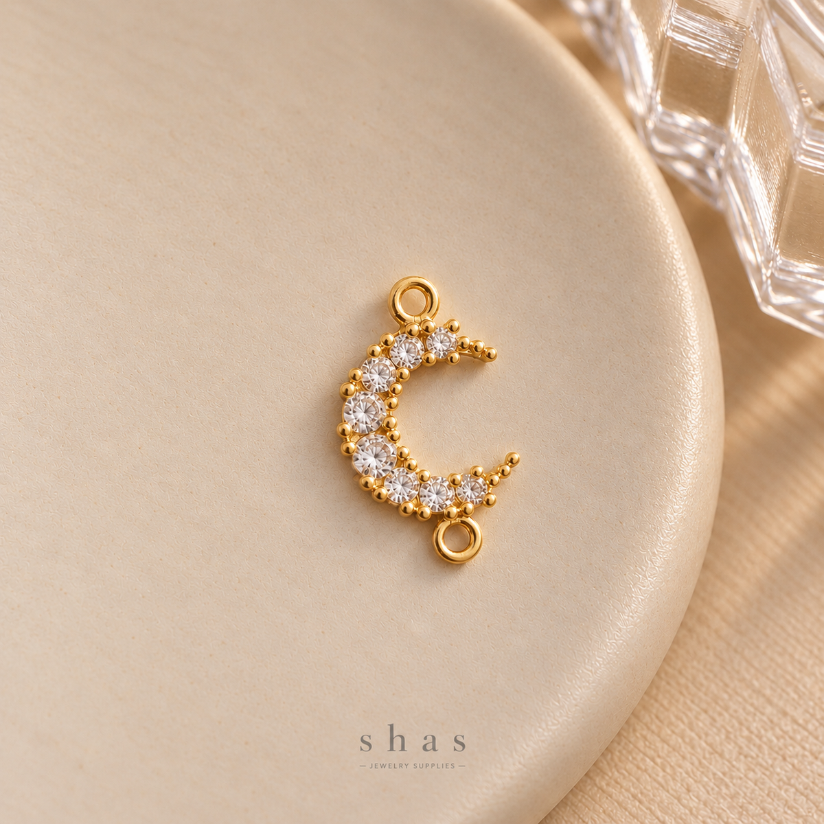 GPC24E Crescent Moon Zircon Connector Charm 14k Gold ( 1 pc ) Premium Plated
