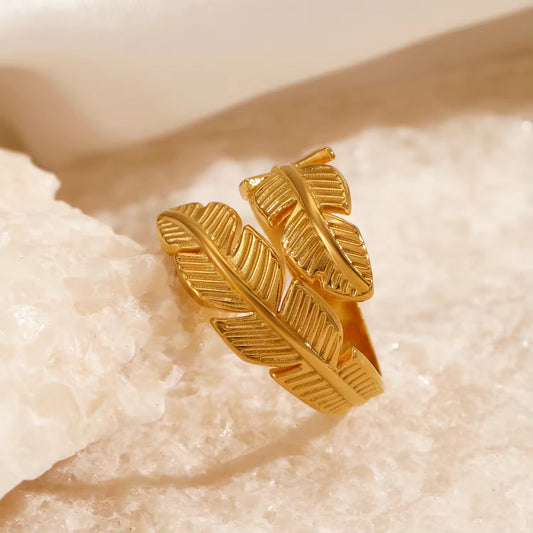 SJ 377 Leaf Ring Adjustable - 18k gold PVD plated stainless steel - Anti tarnish - Wholesale