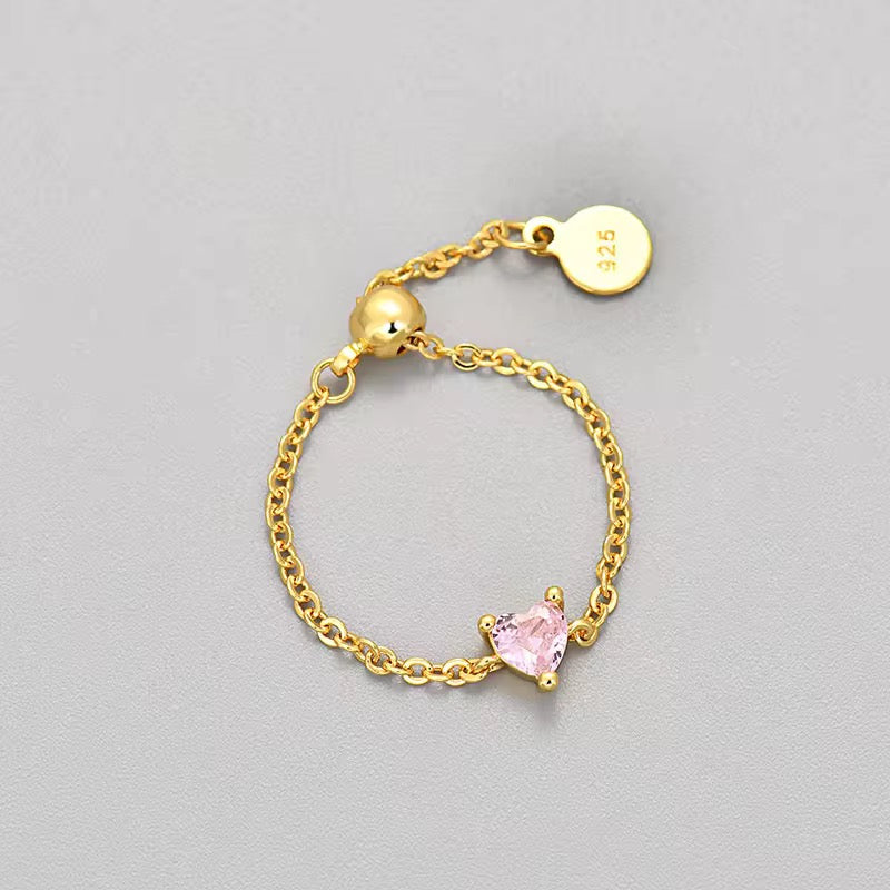 SJ 384 Pink Heart Zircon chain Ring Adjustable - 18k gold plated brass - Anti tarnish - Wholesale