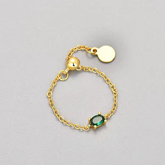 SJ 383 Emerald Zircon chain Ring Adjustable - 18k gold plated brass - Anti tarnish - Wholesale