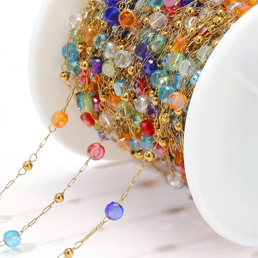 CN 344 Multi Colour round crystal  Handmade gold 316 Stainless steel chain ( 1 feet ) Anti tarnish