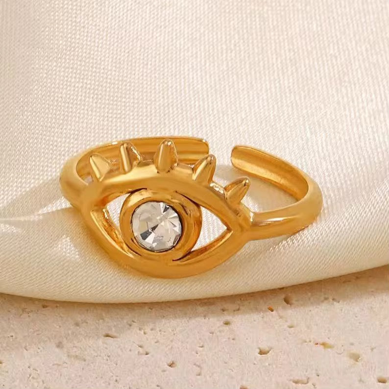 SJ 441 Zircon Evil eye Ring Adjustable - 18k Gold PVD plated stainless steel - Anti tarnish - Wholesale