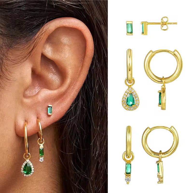 STJ01B Emerald Green Trio Ear 6 piece (pair) Set 18k Gold copper plated