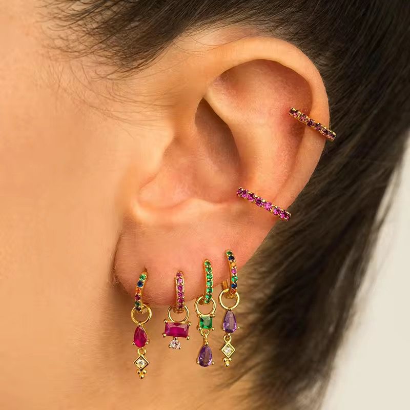 STJ03B Vivara Rainbow Gem Gold Ear Hoop 6 piece Set 18k gold copper plated
