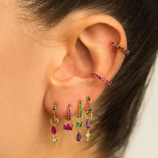 STJ03B Vivara Rainbow Gem Gold Ear Hoop 6 piece Set 18k gold copper plated