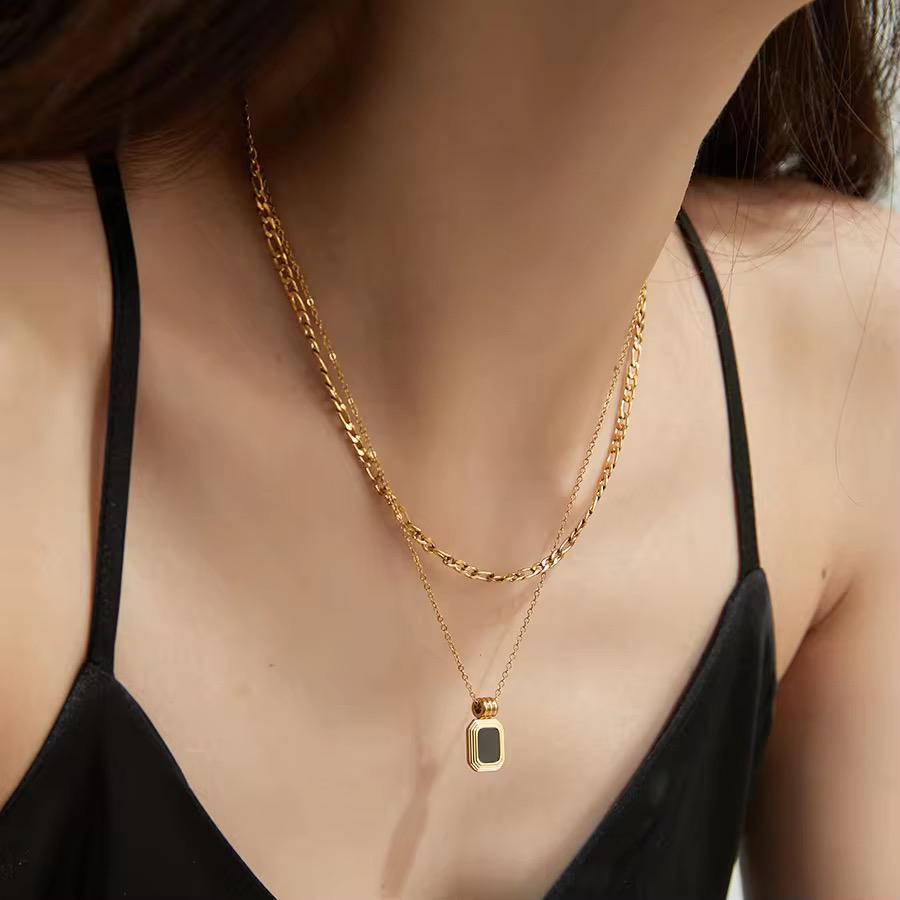 SJ 456- Black square double layer figaro Necklace - 18k Gold PVD plated stainless steel - Anti tarnish