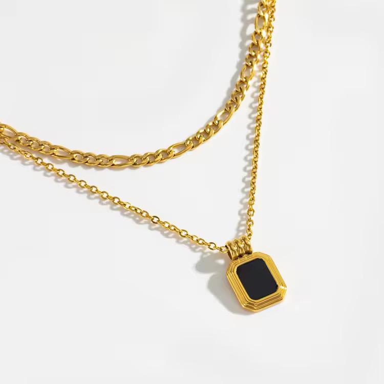 SJ 456- Black square double layer figaro Necklace - 18k Gold PVD plated stainless steel - Anti tarnish