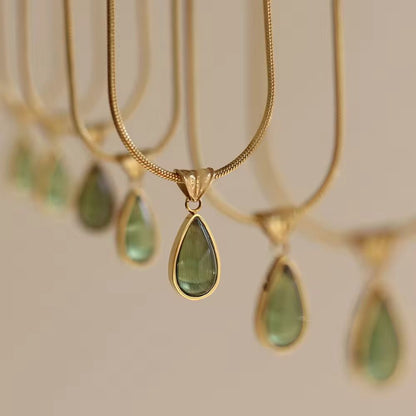 NSJ35B Green Waterdrop Glass Necklace - 18k Gold PVD plated stainless steel - Anti tarnish