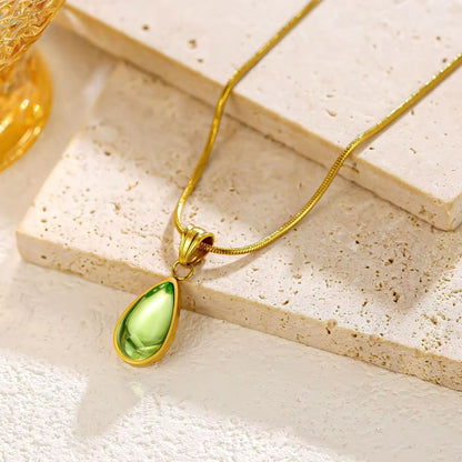 NSJ35B Green Waterdrop Glass Necklace - 18k Gold PVD plated stainless steel - Anti tarnish