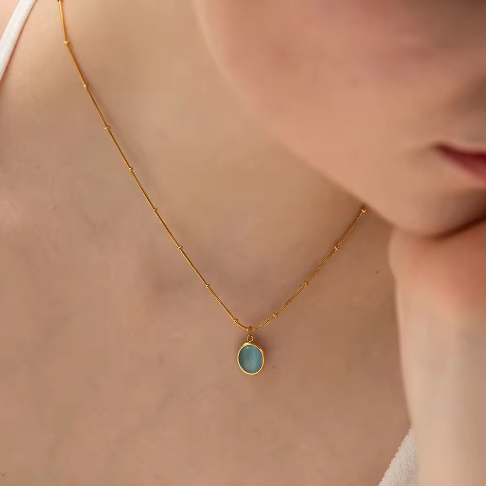 SJ 461- Natural stone oval pendant necklace - 18k Gold PVD plated stainless steel - Anti tarnish
