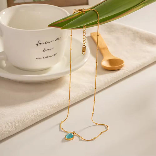 NSJ16D Natural stone oval pendant necklace - 18k Gold PVD plated stainless steel - Anti tarnish