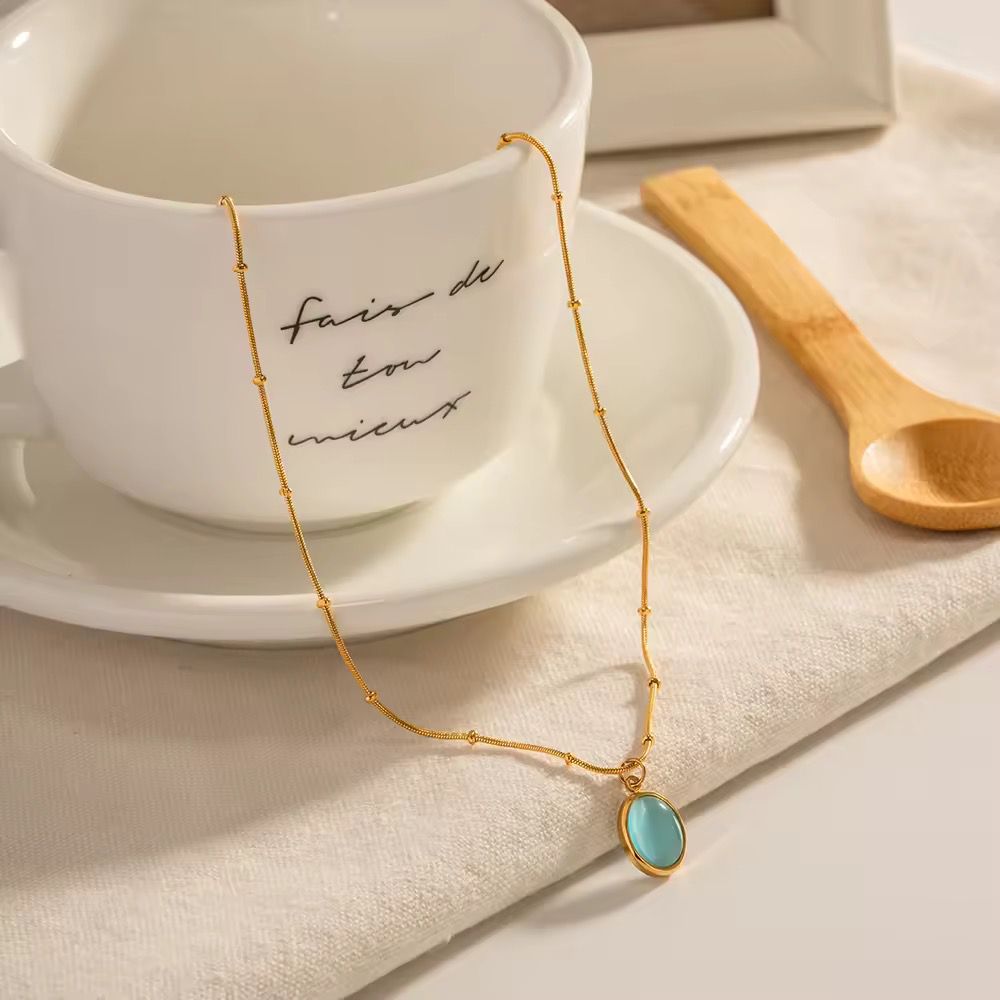 SJ 461- Natural stone oval pendant necklace - 18k Gold PVD plated stainless steel - Anti tarnish