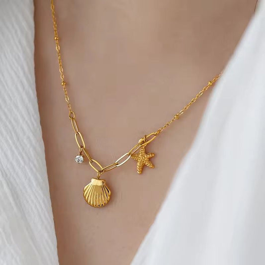 NSJ24E Beach Theme Summer necklace -18k Gold PVD plated 316 stainless steel - Anti tarnish