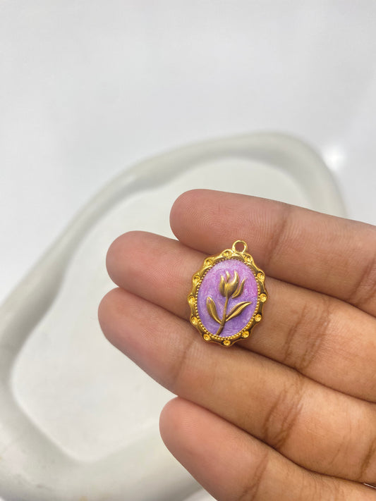 SS 2624 Purple Floral Enamel charm 18k Gold plated stainless steel ( 1 piece ) Anti tarnish