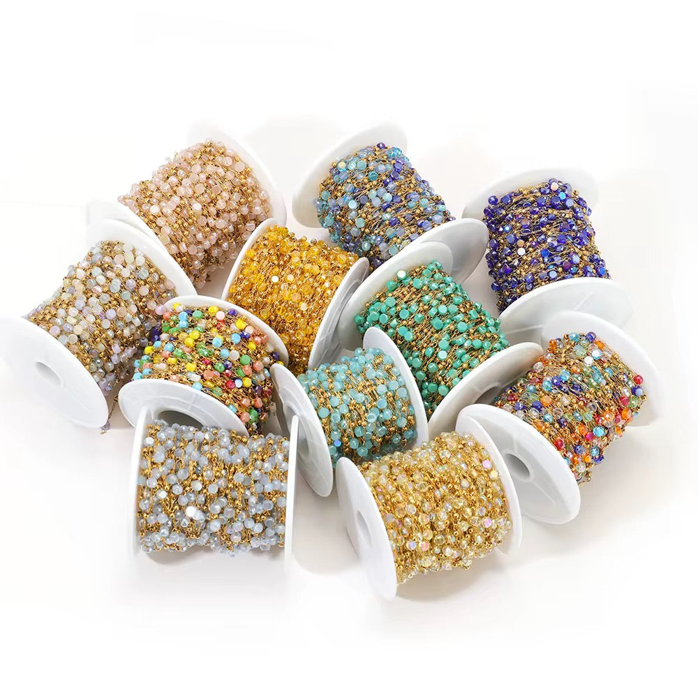 CN 344 Multi Colour round crystal  Handmade gold 316 Stainless steel chain ( 1 feet ) Anti tarnish