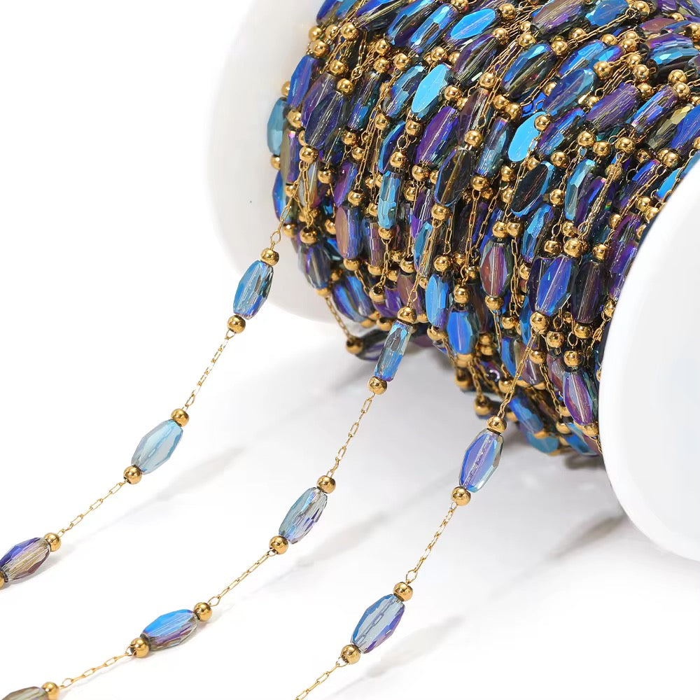 CN 349 Holographic Blue crystal  Handmade 18k gold PVD plated 316 Stainless steel chain ( 1 feet ) Anti tarnish