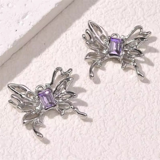 BBB 331 (e) Butterfly Purple Silver Plated Y2K charm ( 1 pc ) Tarnish Resistant ( 25 mm )