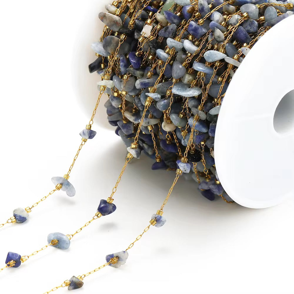 DIYS157 Lapis shiny gemstone crystal chain ( 1 feet ) 18k Gold PVD