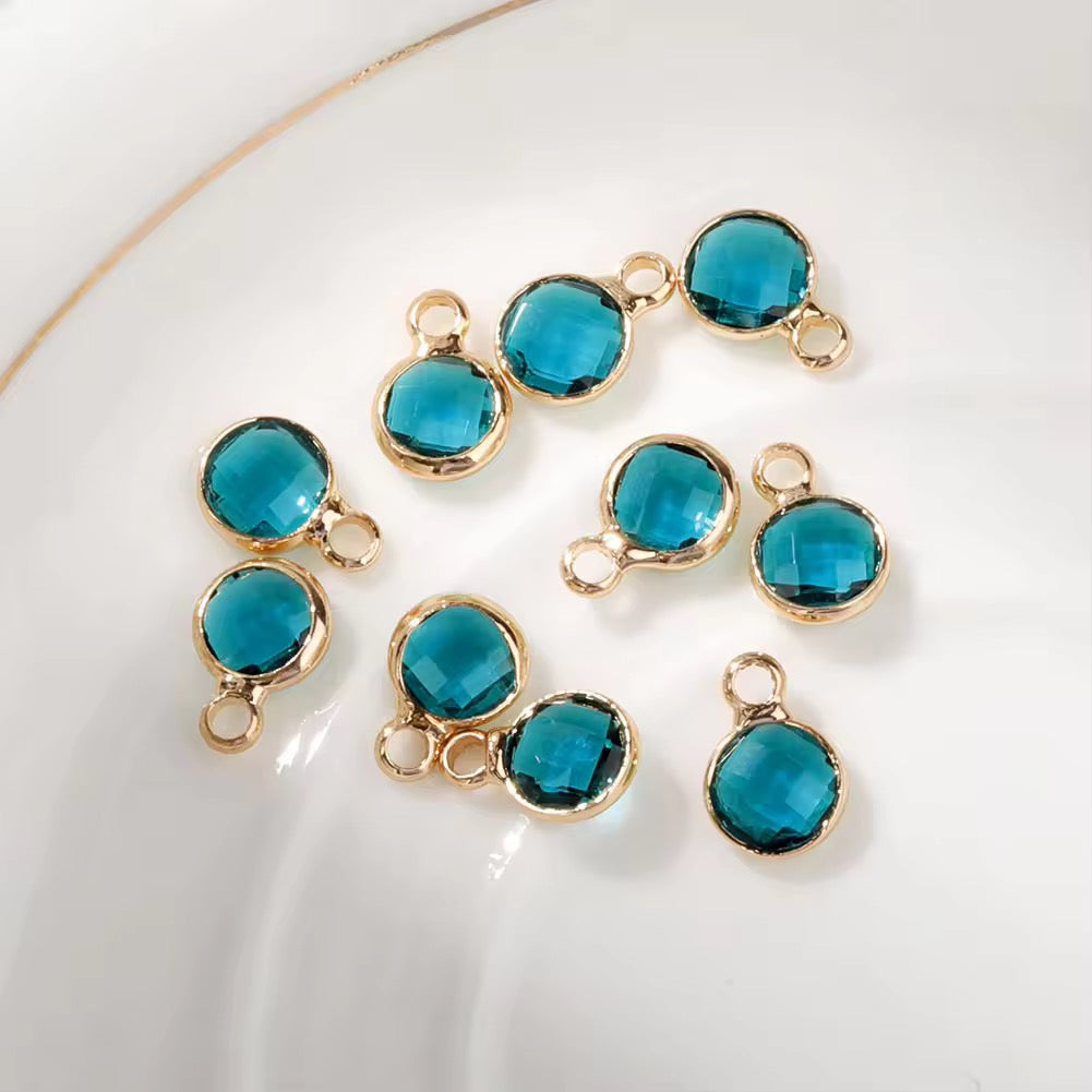 CZ 535 Sea blue round gold plated crystal charm ( 1 pc ) Anti tarnish