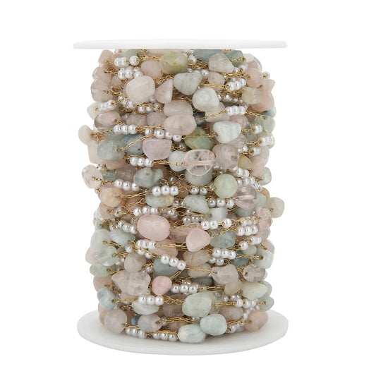 CN 240 Pink stone Colourful Pearl stone gold Stainless steel chain - per feet - Anti tarnish