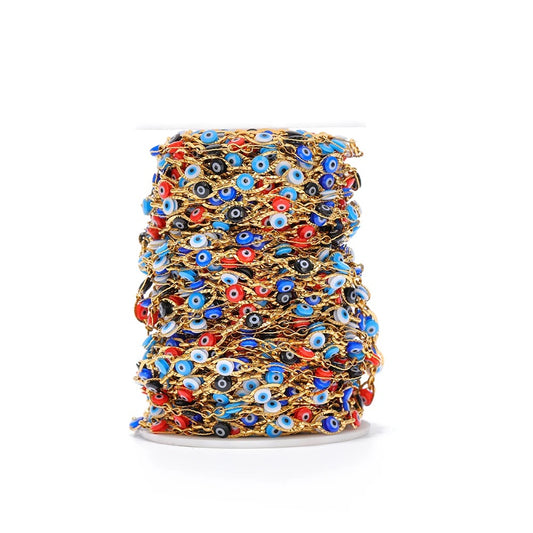 CN 252 Colpurful plastic bead eye embossed gold Stainless steel chain - per feet - Anti tarnish