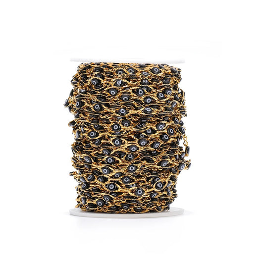 CN 251 Black plastic bead eye embossed gold Stainless steel chain - per feet - Anti tarnish