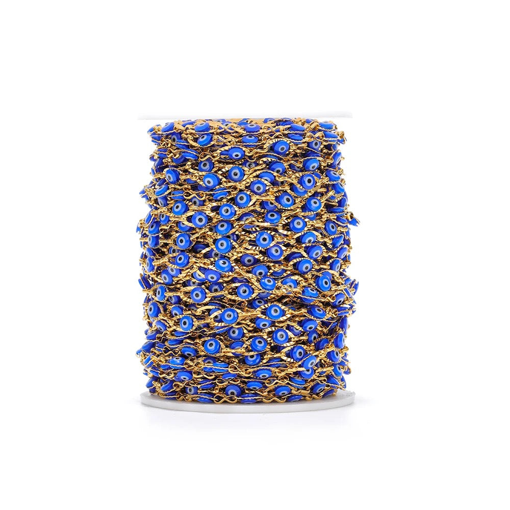 CN 250 Blue plastic bead eye embossed gold Stainless steel chain - per feet - Anti tarnish