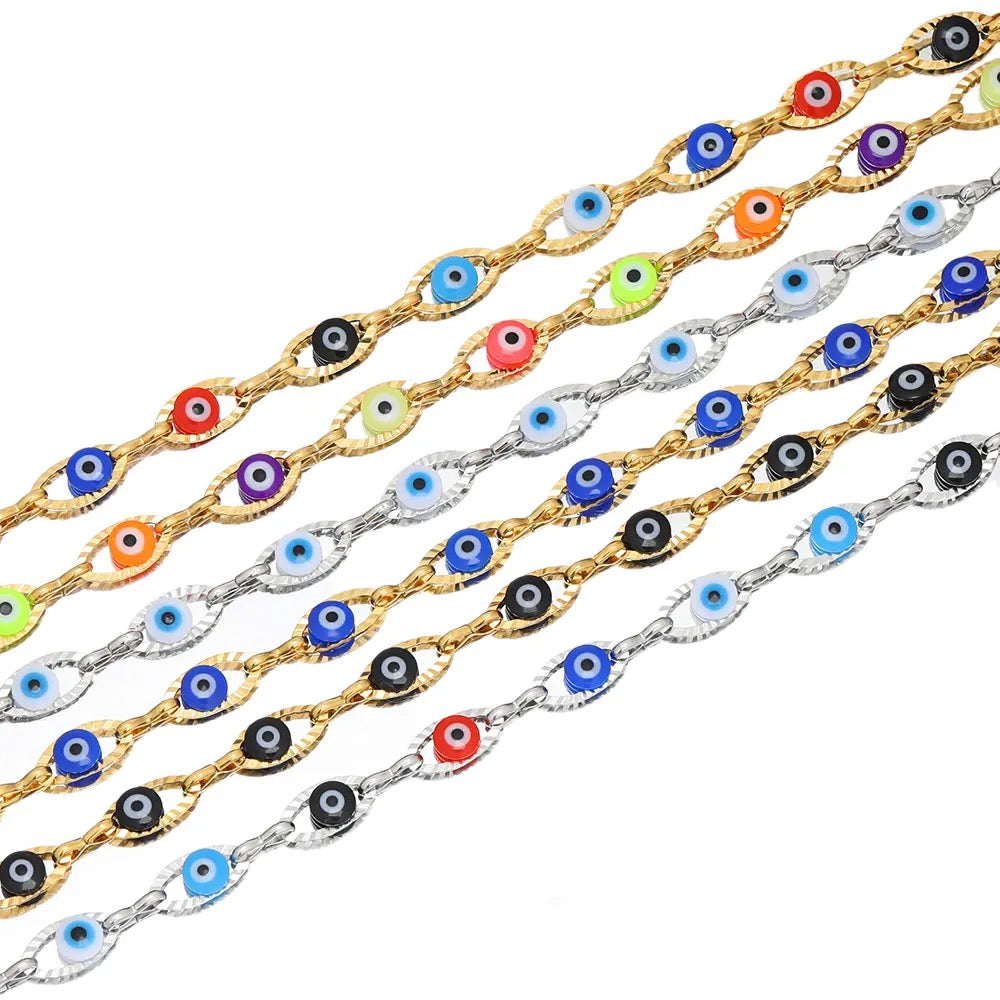 CN 250 Blue plastic bead eye embossed gold Stainless steel chain - per feet - Anti tarnish