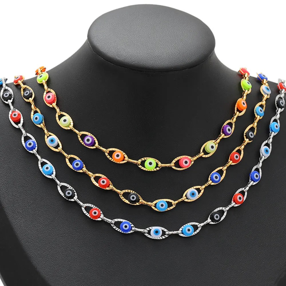 CN 250 Blue plastic bead eye embossed gold Stainless steel chain - per feet - Anti tarnish