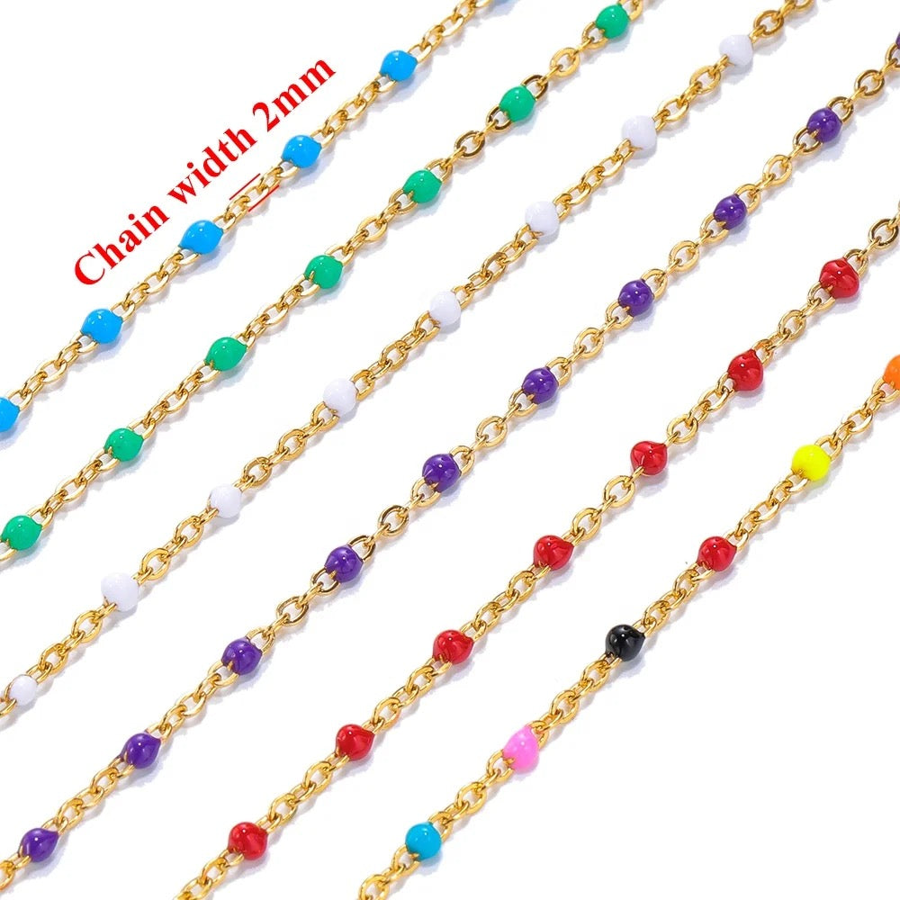 Blue enamel bead gold Stainless steel chain - per feet - Anti tarnish