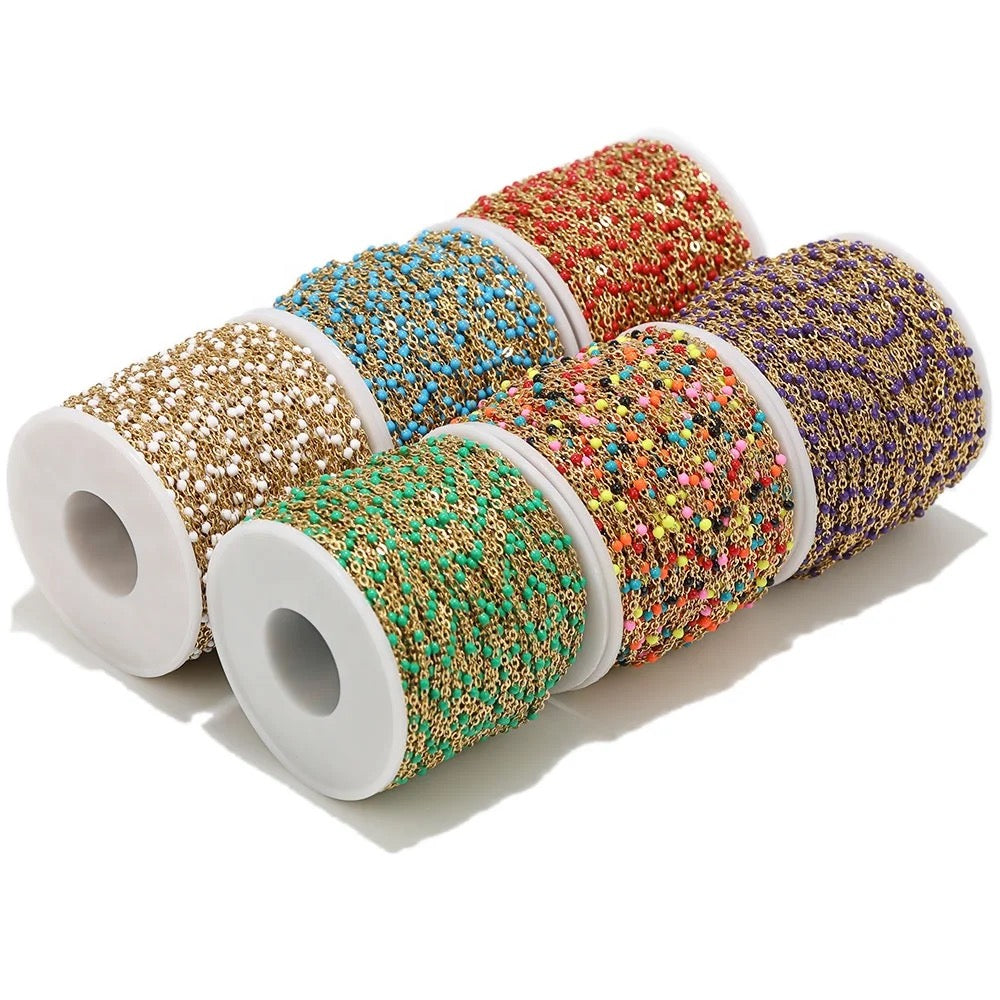 CN 260 White enamel bead gold Stainless steel chain - per feet - Anti tarnish