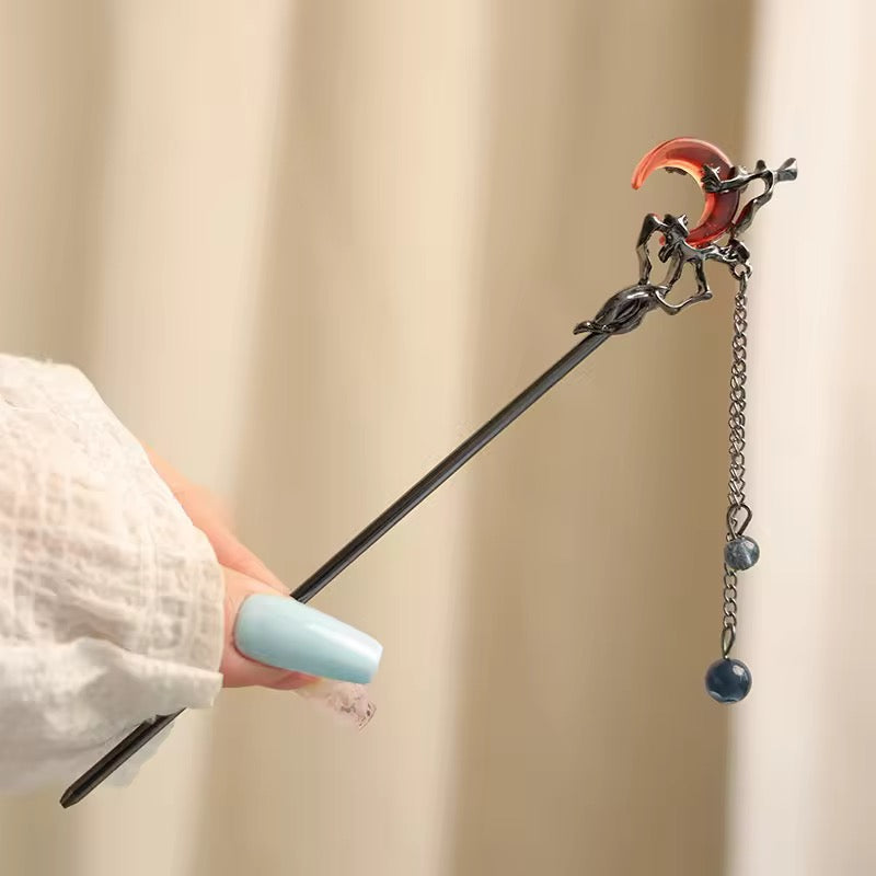 HA 30 Moon Black Gothic Hair Stick with Dangling Tassel Drop - Retro korean Style ( 1 pc )