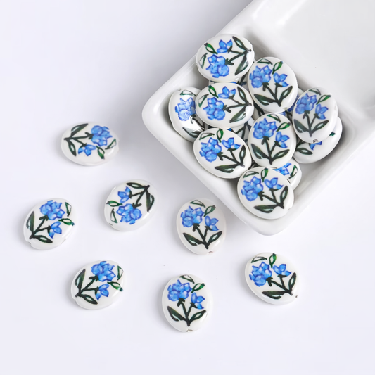 BBB 301 (f) Blue Flower Bunch Oval Ceramic Bead ( 1 pc ) Porcelian Ceramic ( 17:20 mm )