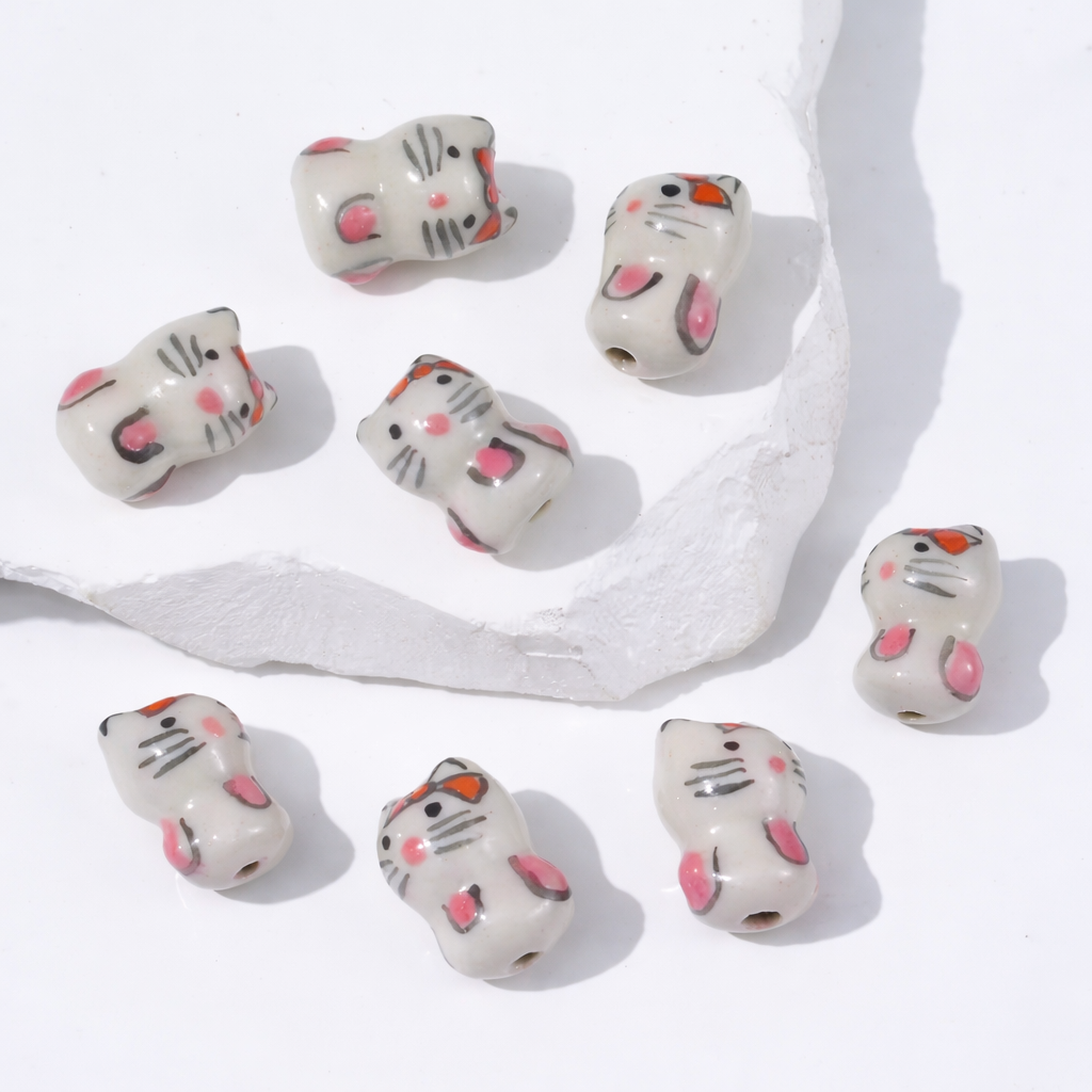 BBB 302 (a) White Cat Ceramic Bead ( 1 pc ) Porcelian Ceramic ( 18:13 mm )