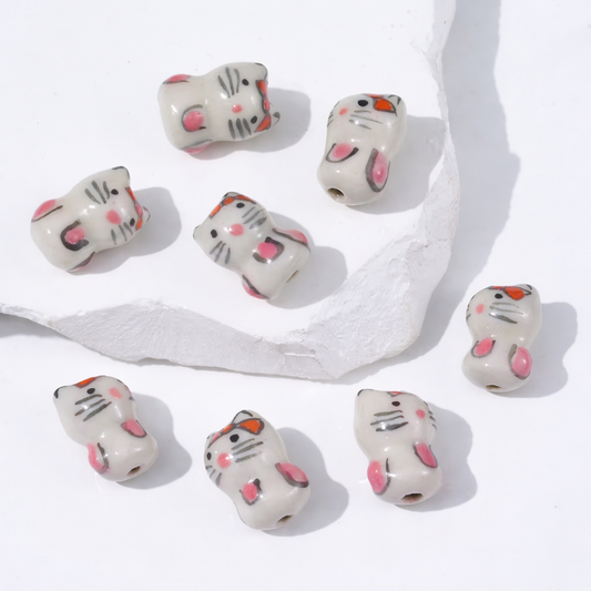 BBB 302 (a) White Cat Ceramic Bead ( 1 pc ) Porcelian Ceramic ( 18:13 mm )