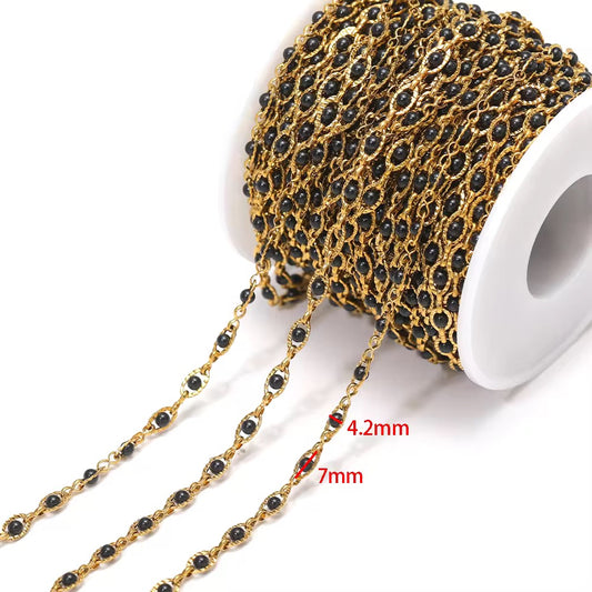 DIYS188 Evil Eye Textured Black pearl Chain ( 1 feet ) 18k Gold PVD