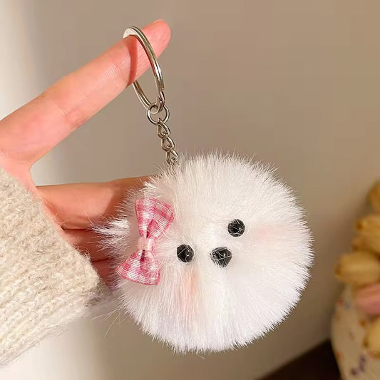 PK 42 Cute Pink Bow Dog pompom 3D Plush Toy Keychain ( 1 pc ) Imported Premium Quality