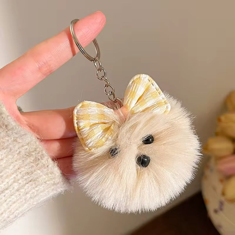 PK 41 Cute Bow Dog pompom 3D Plush Toy Keychain ( 1 pc ) Imported Premium Quality