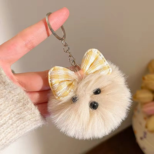 PK 41 Cute Bow Dog pompom 3D Plush Toy Keychain ( 1 pc ) Imported Premium Quality