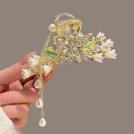 HA 38 Floral Rhinestone Pearl Metal Hair Claw Clip with Dangling drop( 1 pc )