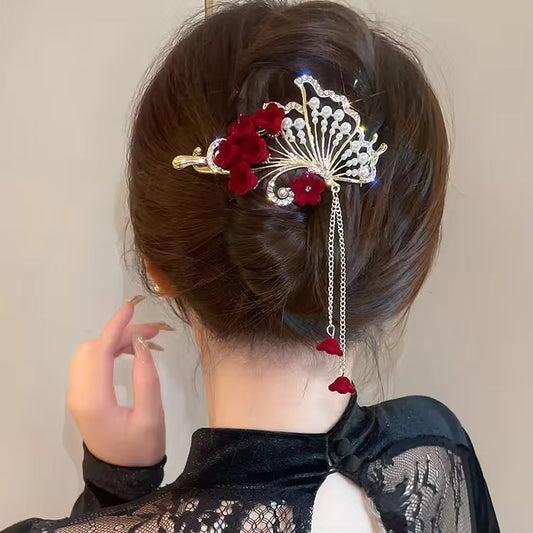 HA 41 Chinese Rhinestone Pearl Metal Hair Clip with Dangling drop( 1 pc )