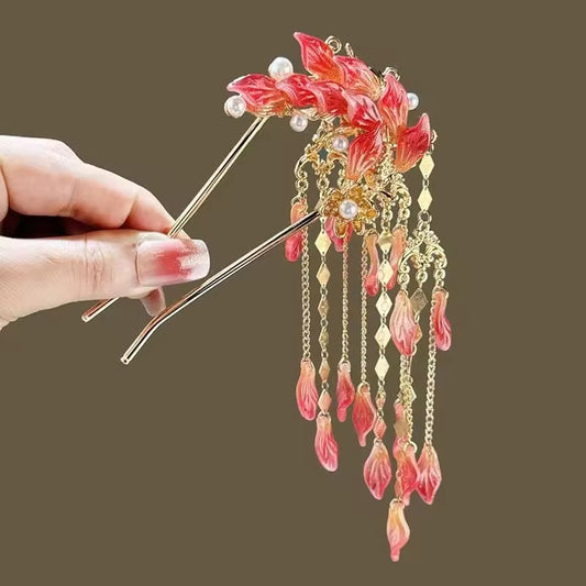 HA 42 Red Glass Floral U shape Hair Sticks with Dangling Drops - Retro korean Style ( 1 pc )
