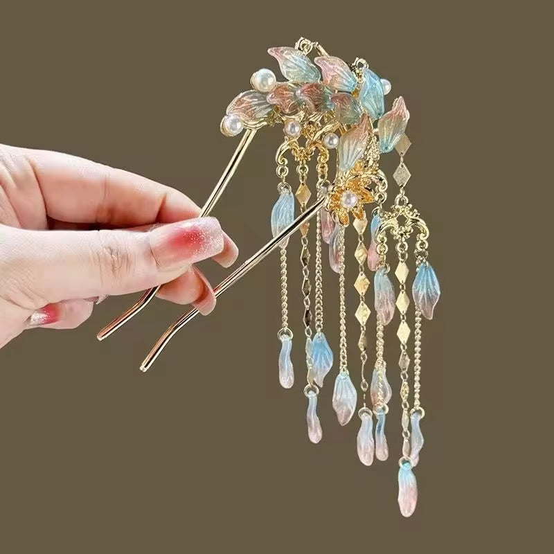 HA 43 Coffee Green Glass Floral U shape Hair Sticks with Dangling Drops - Retro korean Style ( 1 pc )