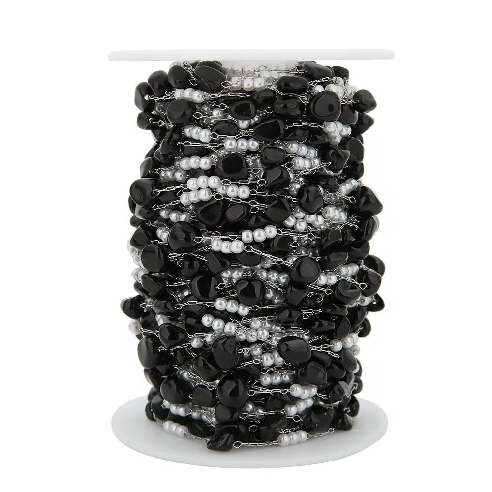 DIYS246 Transparent Black Pearl stone chain ( 1 feet ) Silver PVD