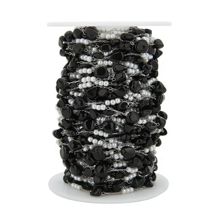 DIYS246 Transparent Black Pearl stone chain ( 1 feet ) Silver PVD