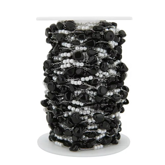 DIYS246 Transparent Black Pearl stone chain ( 1 feet ) Silver PVD