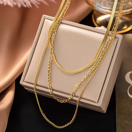SJ 89 Triple Layer Figaro Necklace - 18k Gold PVD Plated stainless steel - Anti tarnish