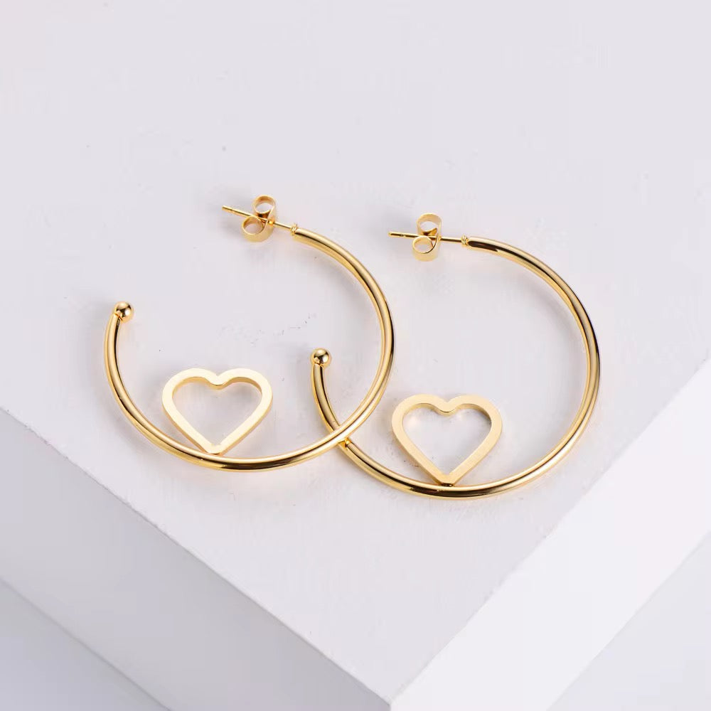 SS 2814 Circle Heart Hoops - 18k gold plated stainless steel ( 2 pc ) anti tarnish